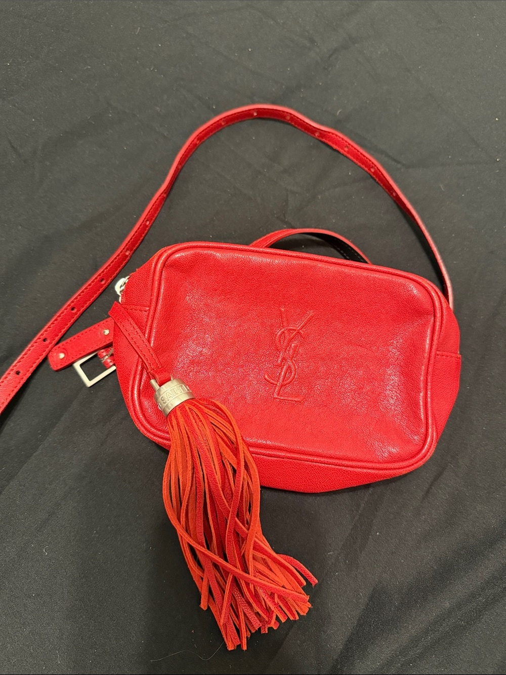 Yves Saint Laurent Red Leather Camera Belt Bag with Tassel Fringe